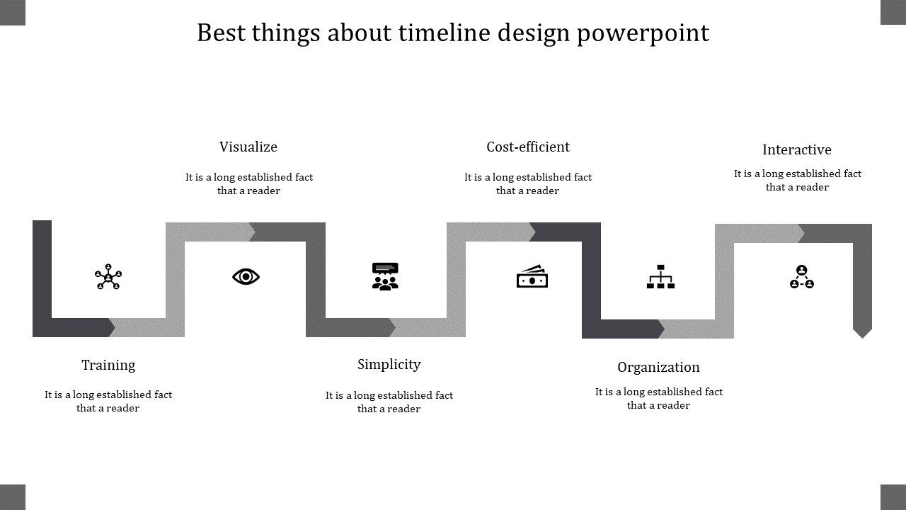 A timeline slide with six stages, including icons for various concepts from training to interactive with placeholder text.