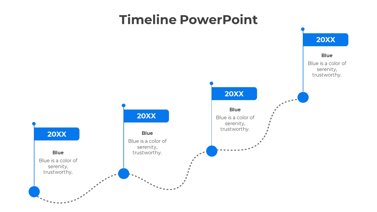 Blue flags mark different points on a timeline with dotted lines connecting them in this PowerPoint slide.