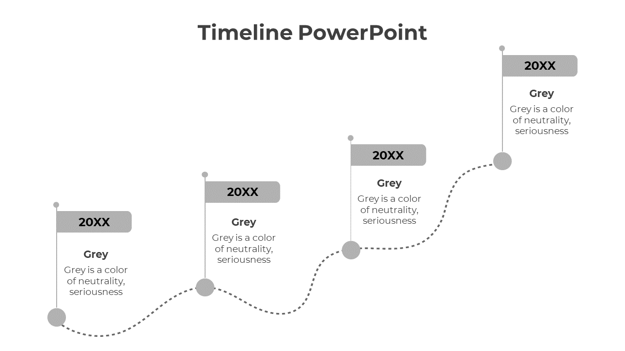 Minimalist grey timeline design featuring four milestone markers on a wavy path, each with a flag and placeholder text.