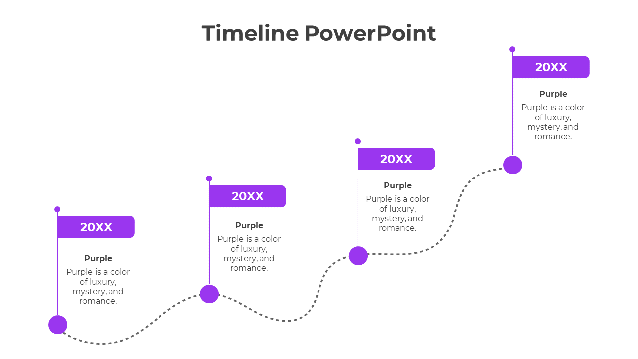 Modern purple timeline with four labels, circular markers, and a dotted curve connecting events in a progressive sequence.