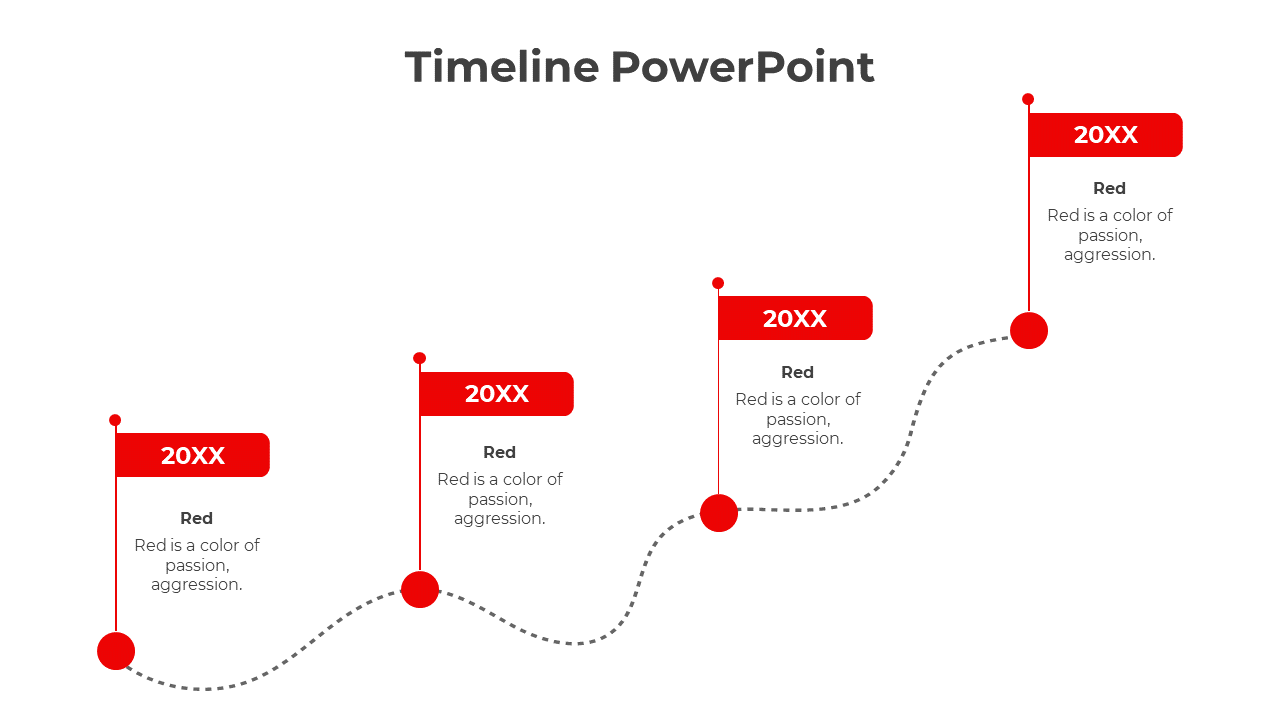 Timeline slide with four red flag markers on a curved dotted path, each labeled 20XX and with descriptive text.