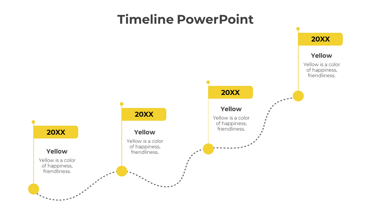 Timeline slide with yellow flags representing different years, with a dashed line connecting each year.