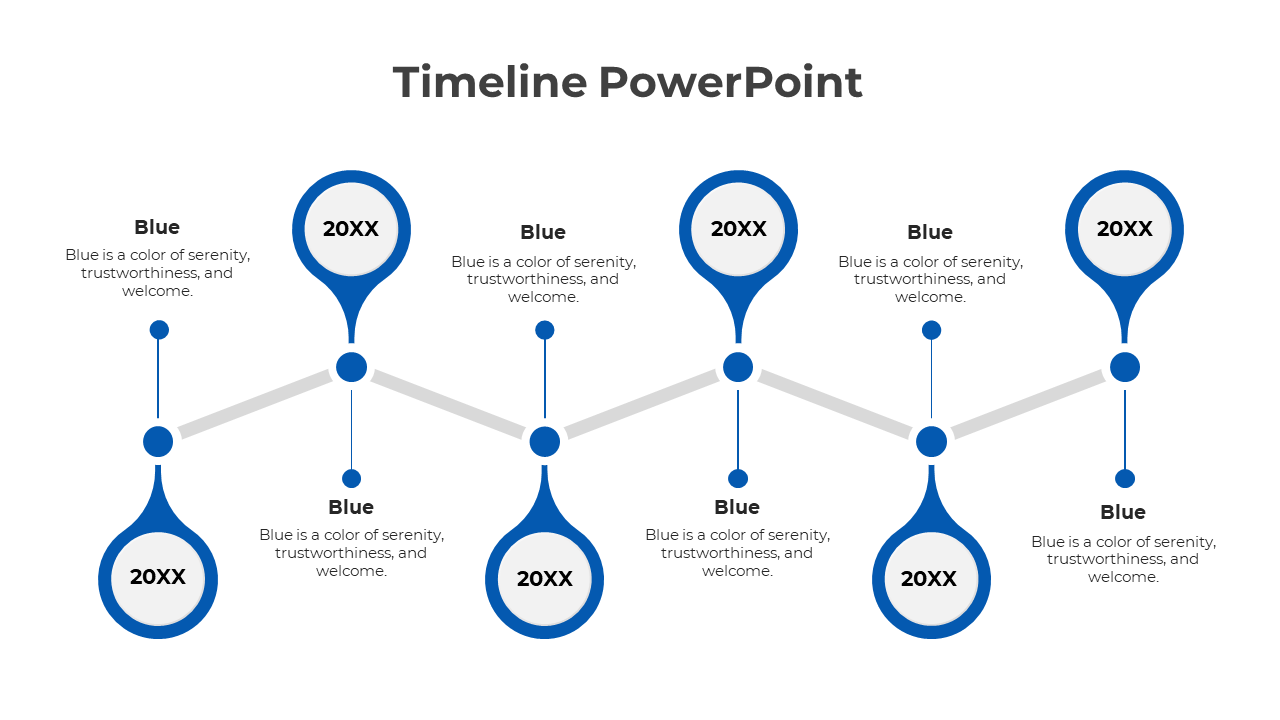 Modern timeline design with blue teardrop-shaped milestones labeled '20XX,' connected by gray pathways.
