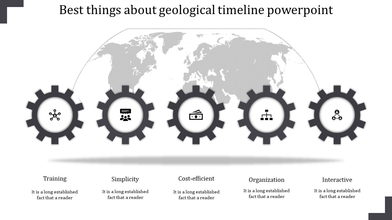Geological timeline PPT slide with grey gear icons representing different stages from training to interactive with text area.