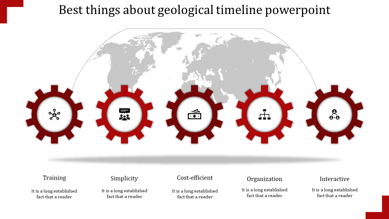 Timeline with five red gears containing black icons, linked under a world map, highlighting key advantages.
