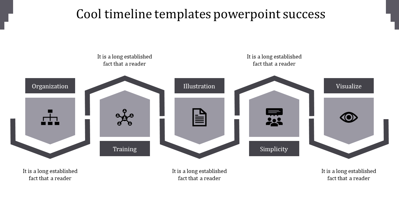 Five-step grey timeline with hexagon icons and placeholders, representing stages from organization to visualization.