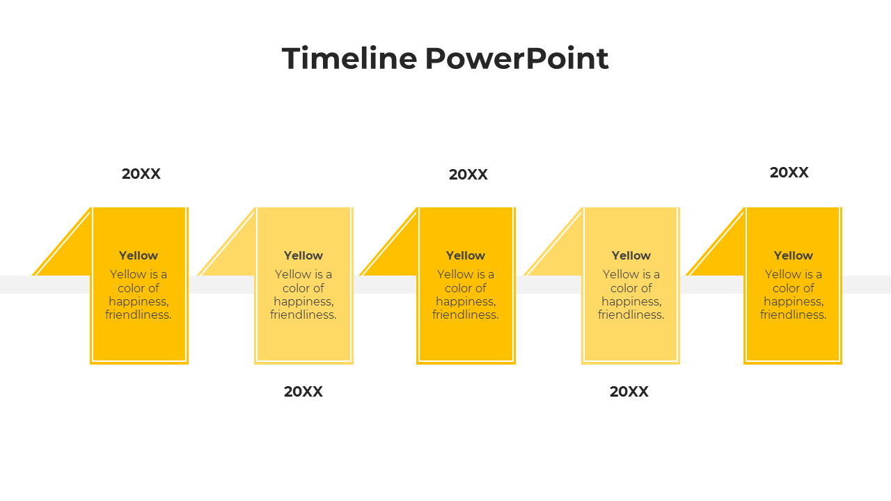 Linear timeline featuring six yellow page like graphics with captions, evenly spaced along a central horizontal line.