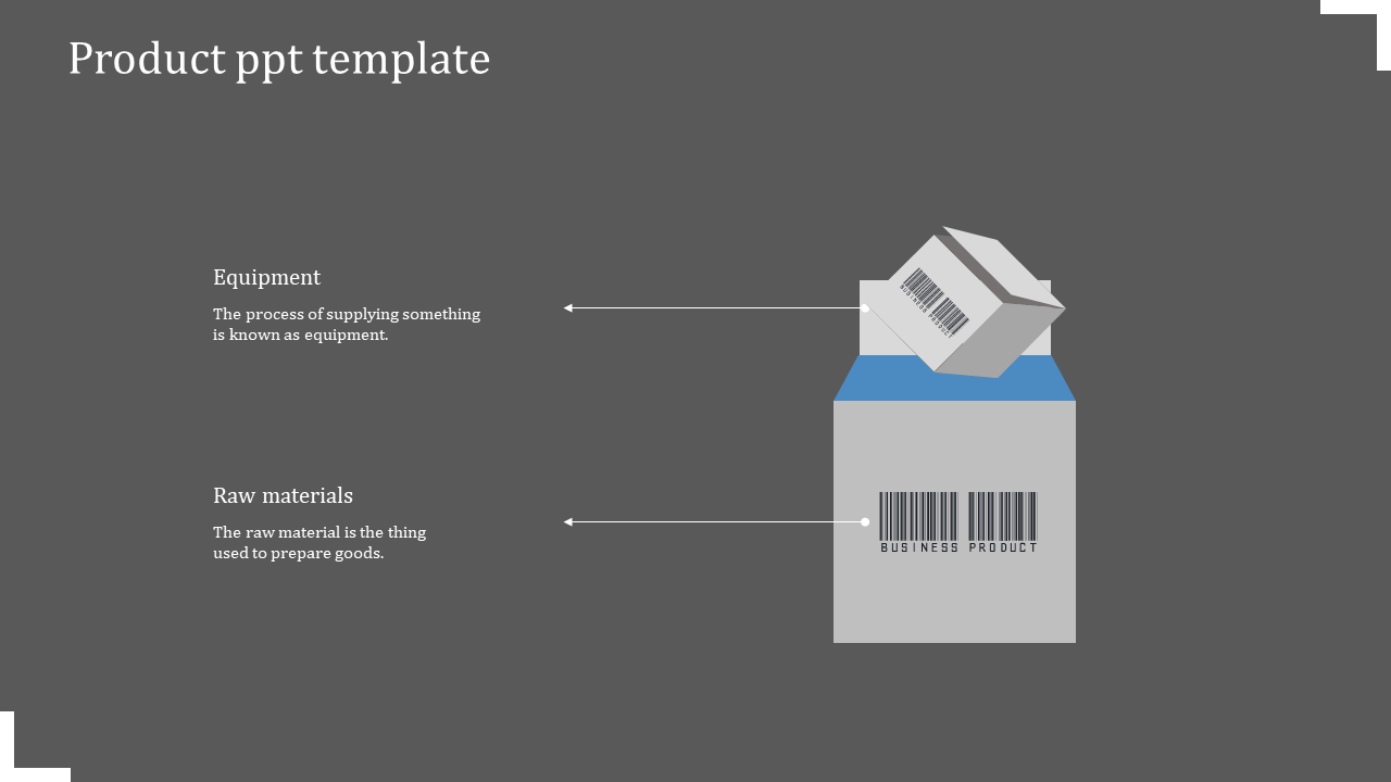 Product supply infographic with a large barcode box, a smaller box above, and arrows pointing to equipment and raw materials.