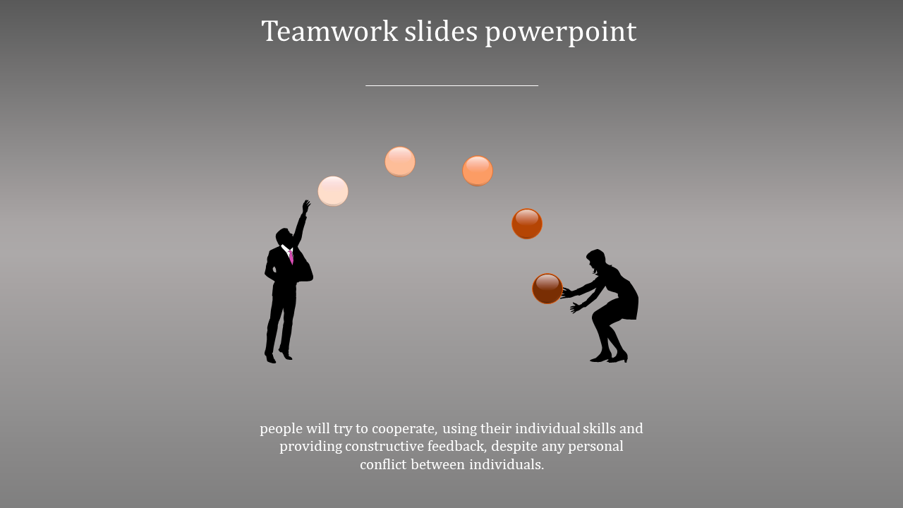 Teamwork concept slide with two silhouetted figures passing orange balls in an arc against a gradient background.