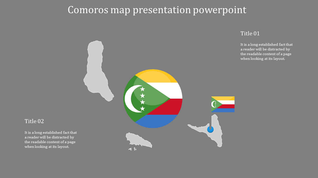 Silhouettes of Comoros islands with flags and two text areas, set on a neutral gray backdrop.