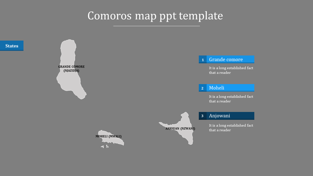 Comoros states map slide with gray island outlines, location names, and a blue-highlighted key for each region.