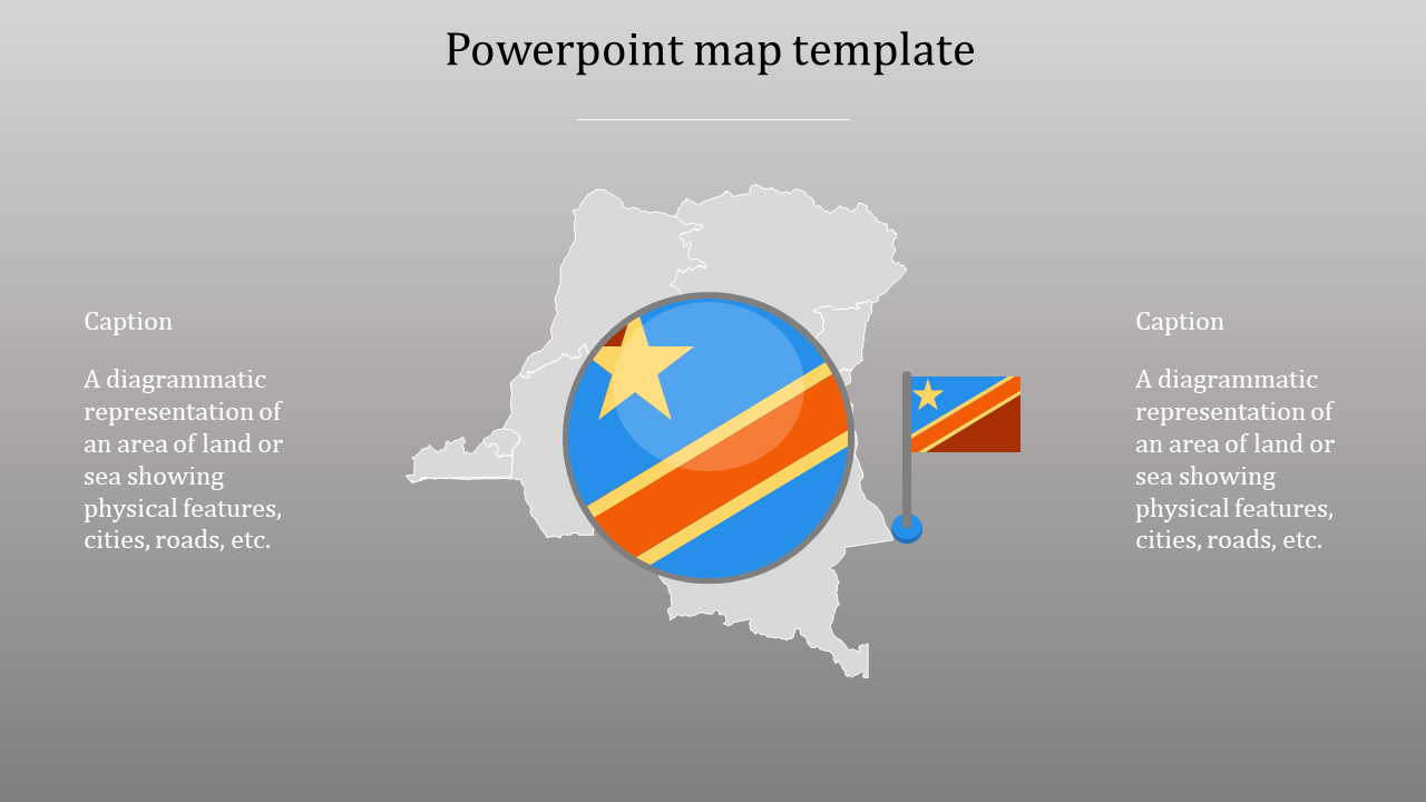 Democratic Republic of Congo map slide with a gray outline, a magnified circular flag, and a flag marker.