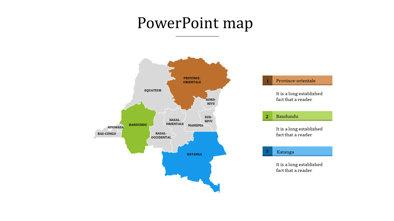 Congo map displaying regions in brown, green, and blue, each labeled with matching caption boxes.