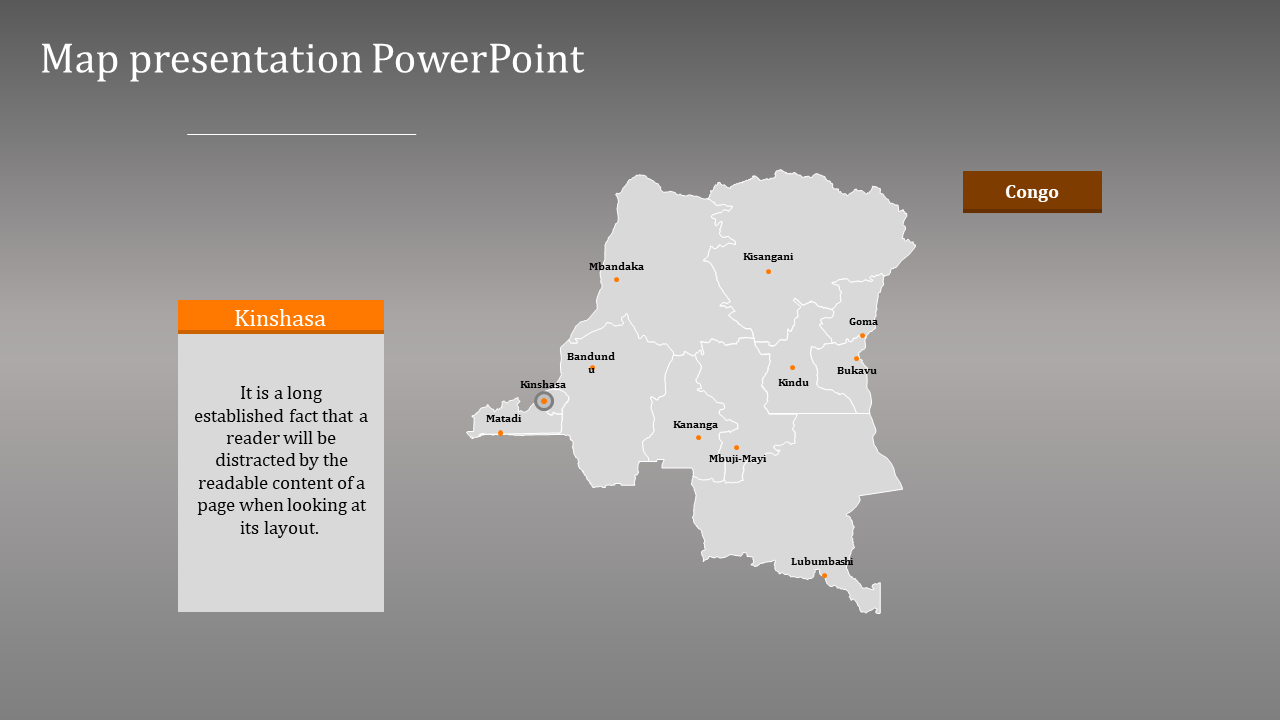 PowerPoint slide showing a map of Congo with marked cities including Kinshasa, Matadi, and Lubumbashi.