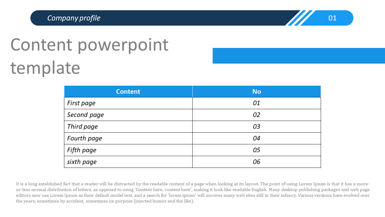 Content slide with a blue table, displaying pages and their respective numbers in a clean layout.
