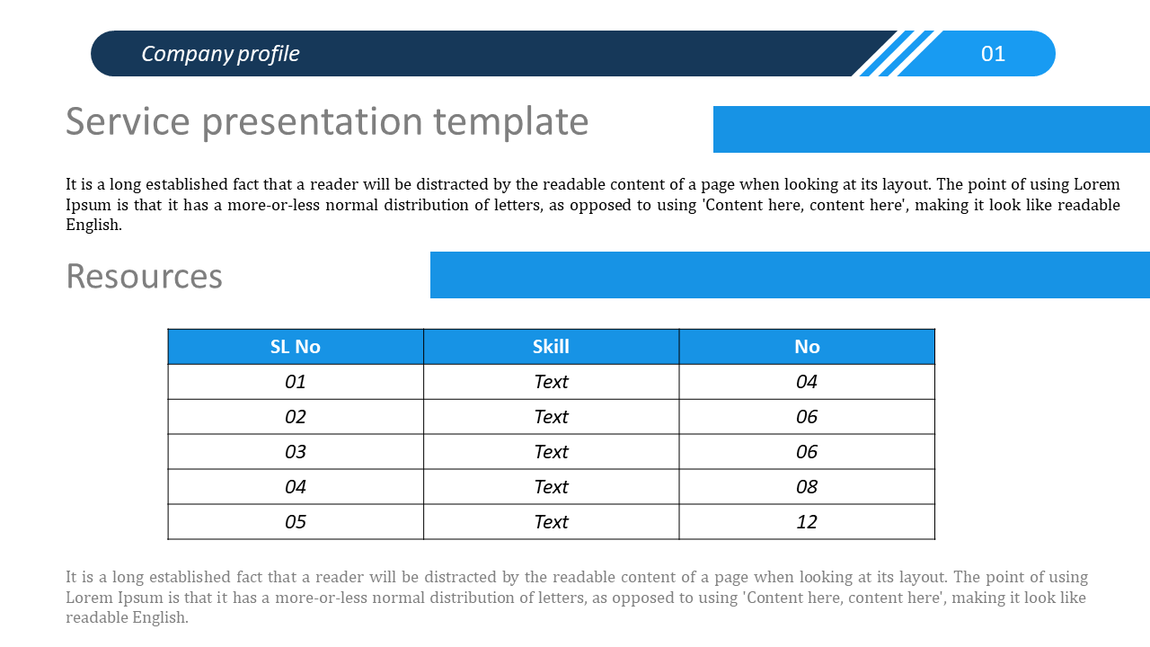 Service presentation slide with a blue header, a structured resource table, and a bold section title with placeholder text.