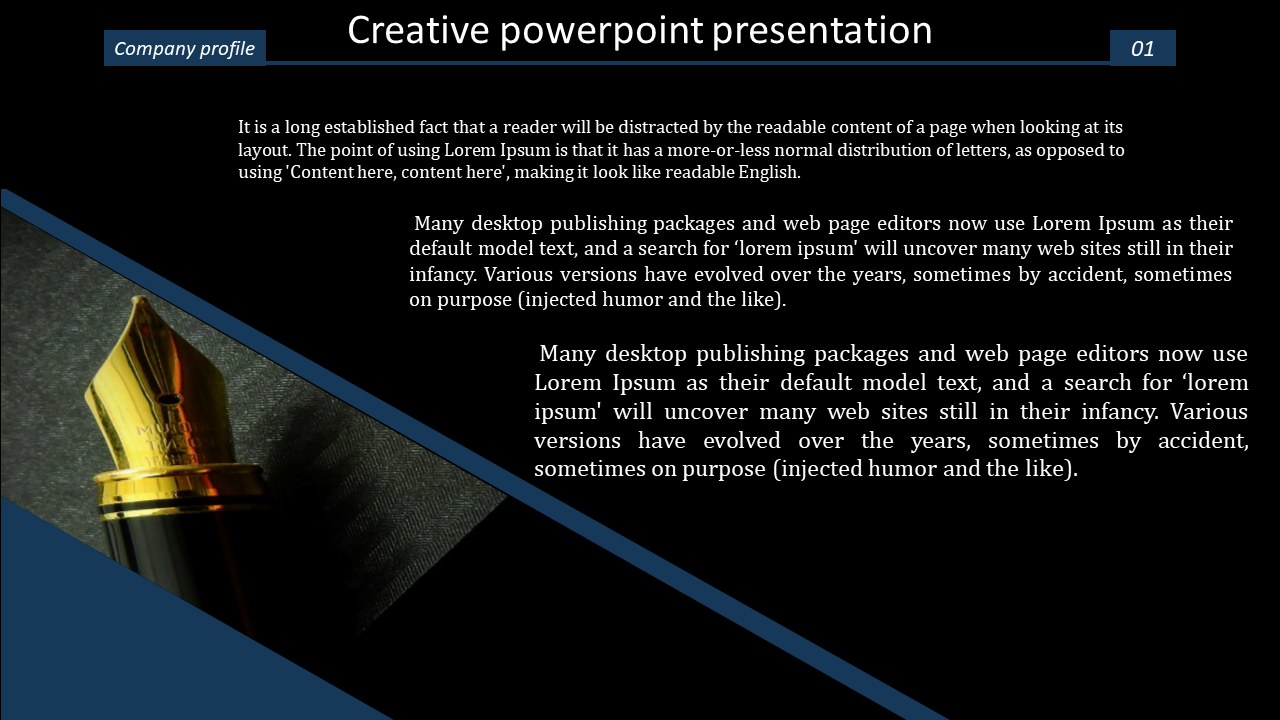 Modern creative slide with a sleek black background, a gold fountain pen close up, and a structured text layout.