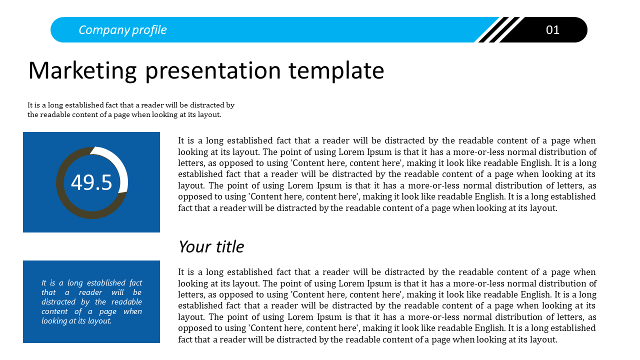 Marketing presentation template with a percentage circle, title space, and placeholder text in a professional layout.