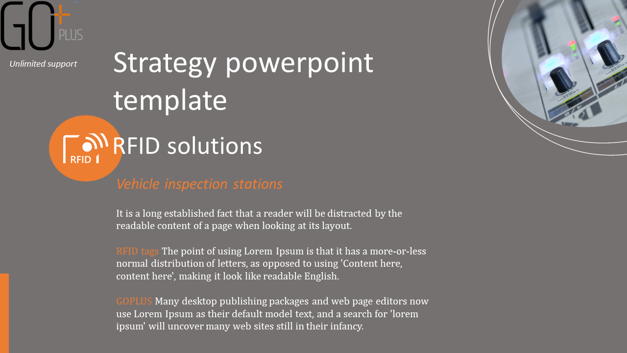 Strategy PowerPoint template with RFID solutions, featuring vehicle inspection stations and an RFID tag graphic.