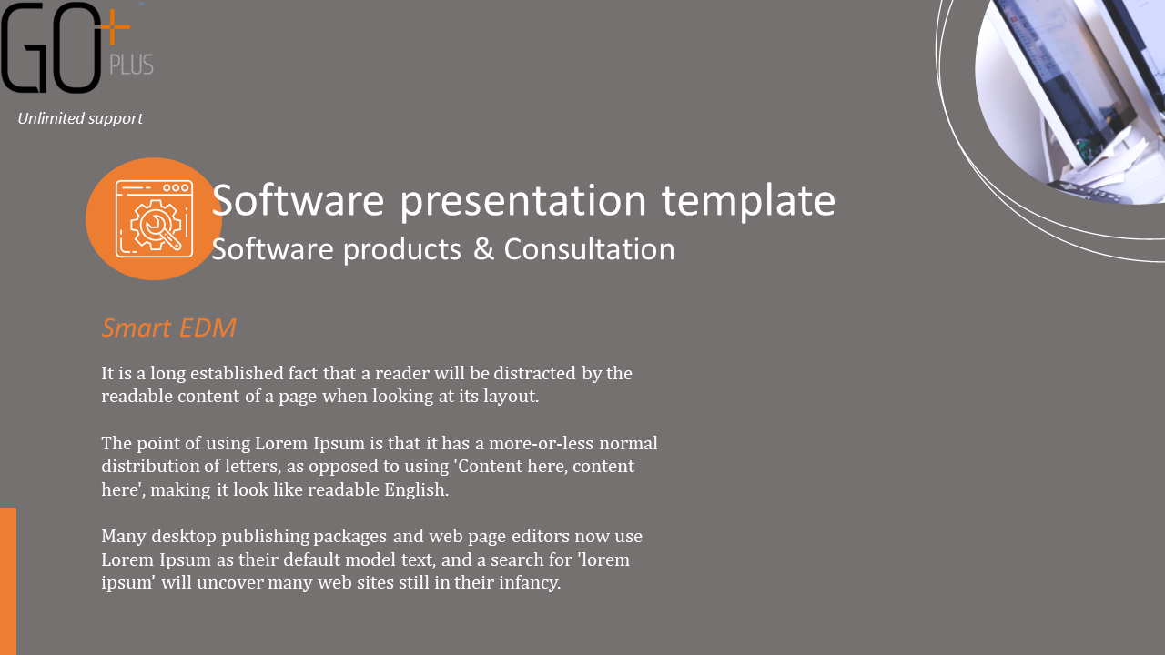 Software slide with a dark gray background, GO Plus branding, an orange gear icon, and a circular laptop image.