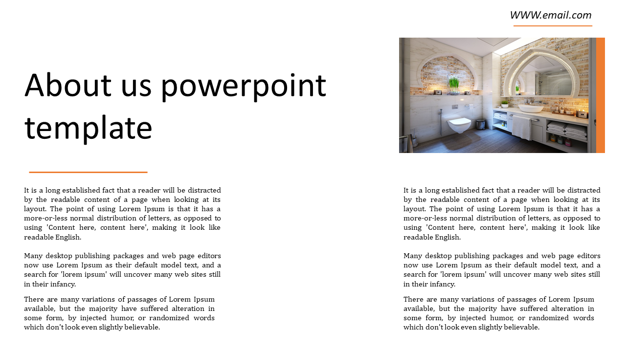About Us slide with a white background, bold text, a decorative bathroom image, and orange design accents.