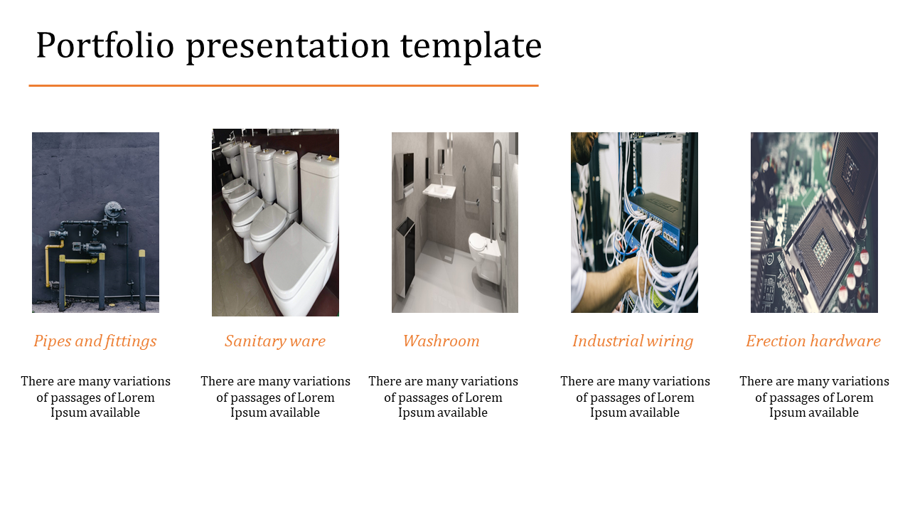 Oortfolio slide featuring five images with text representing different industries, such as plumbing and wiring.