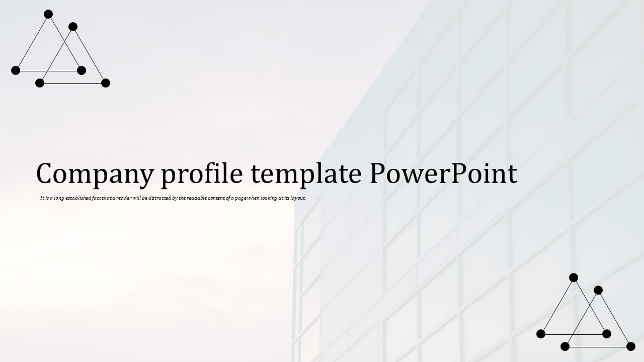 Company profile slide with a blurred glass building background, bold title, and two black geometric triangle designs.