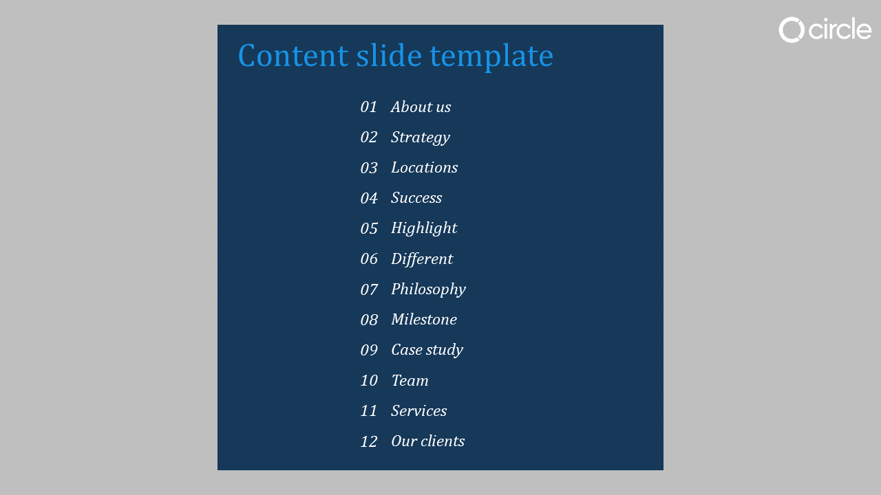 Content template with a dark blue central panel listing twelve numbered topics in white text, set against a gray background. 