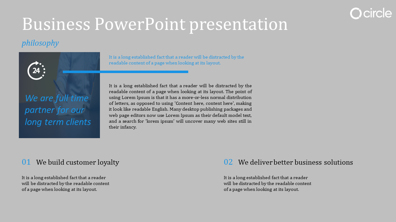 Business PowerPoint presentation slide with a philosophy section, featuring a 24 hour service icon and a mission statement.