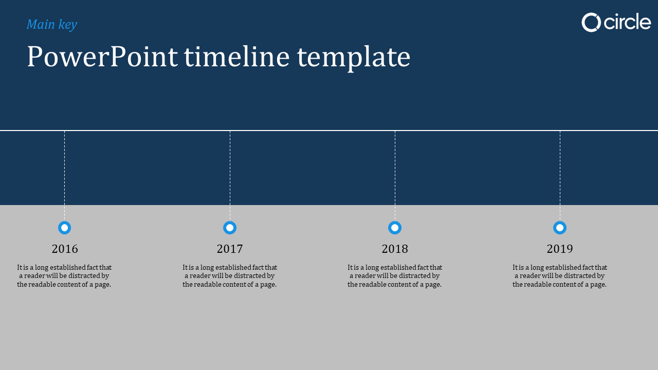Professional timeline slide featuring a horizontal timeline from 2016 to 2019, blue milestone markers, and a blue header.