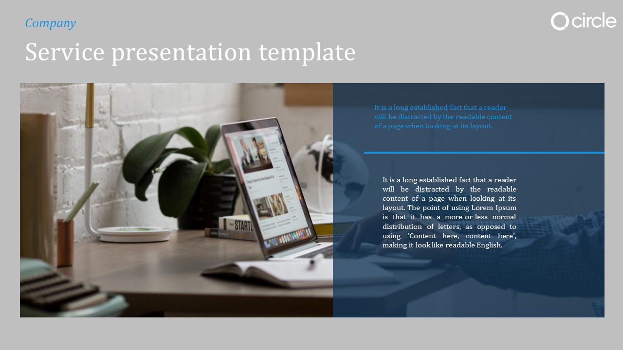 Professional service slide with a laptop on a desk, a dark blue text panel on the right, and a circle logo in the corner. 