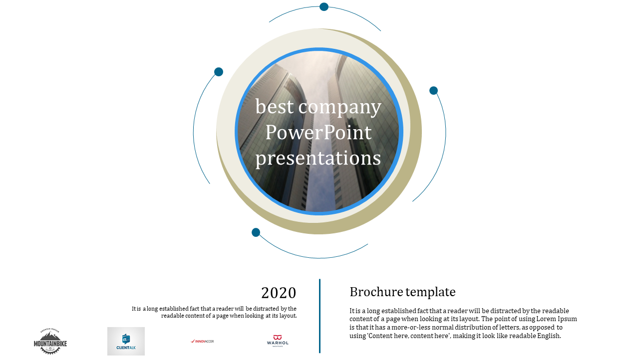 Best company PowerPoint template with a circular image of skyscrapers and brochure layout with placeholder text.