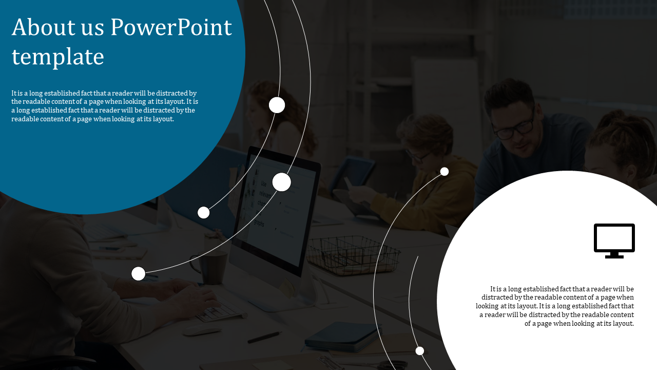 Template design featuring about us large blue and white circles with text areas over a blurred office scene.