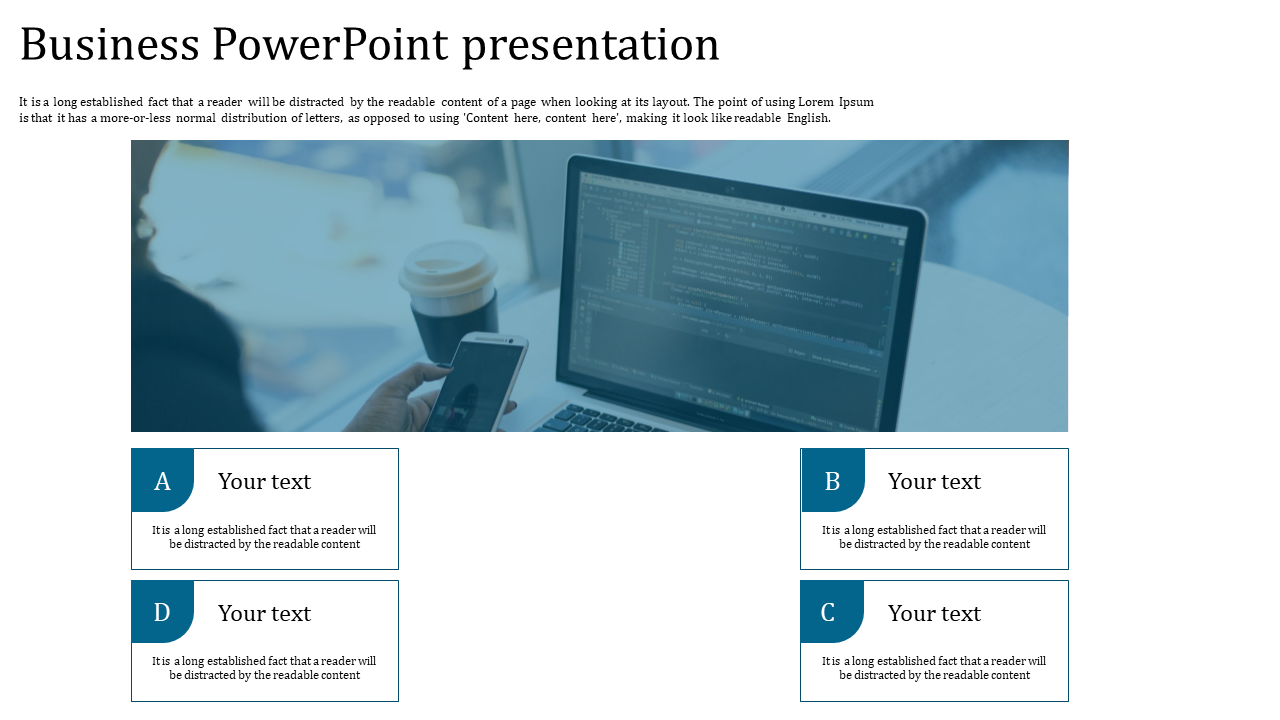 Business slide with a laptop and phone on a desk, with a blue color palette and four labeled content boxes below.