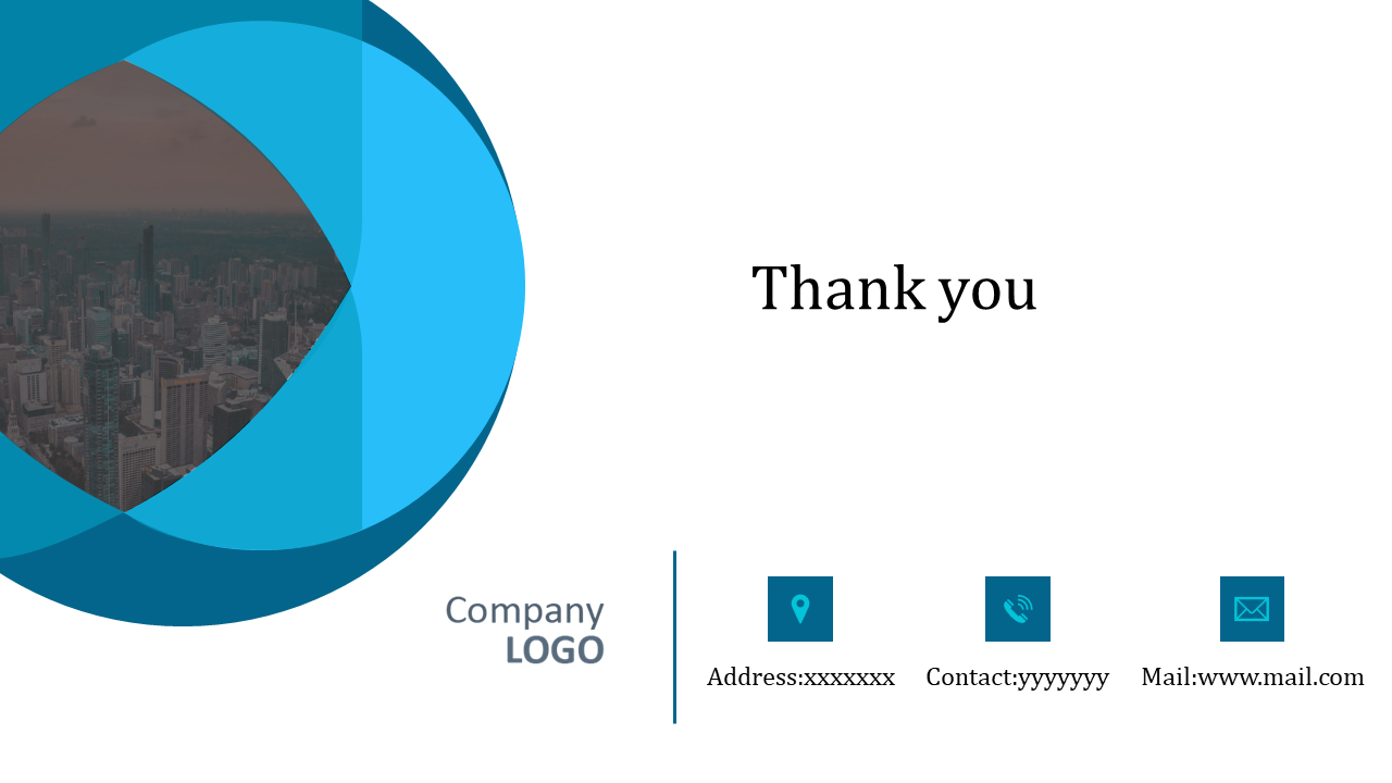 Thank you PPT slide featuring the company logo, contact information, and a cityscape background.