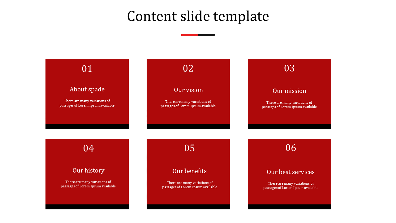 Minimalist content slide with six red sections, numbered and labeled with categories like history, services, and benefits.