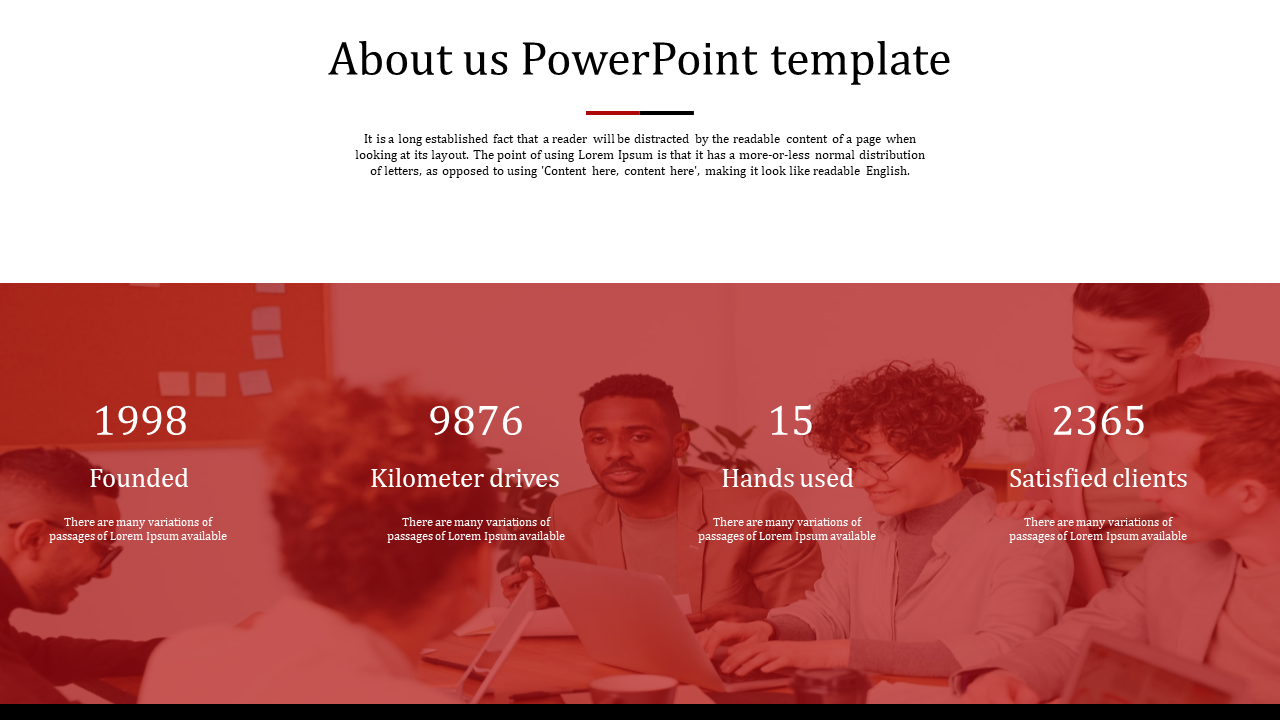 About us slide with a red background, featuring team members in a meeting, and numeric data displayed in a clean layout.