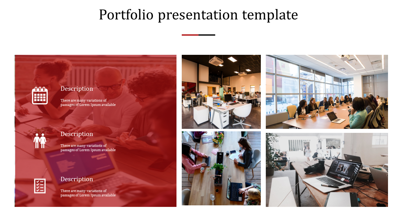 Portfolio template with a large red-tinted teamwork image on the left, featuring three white icons and text descriptions