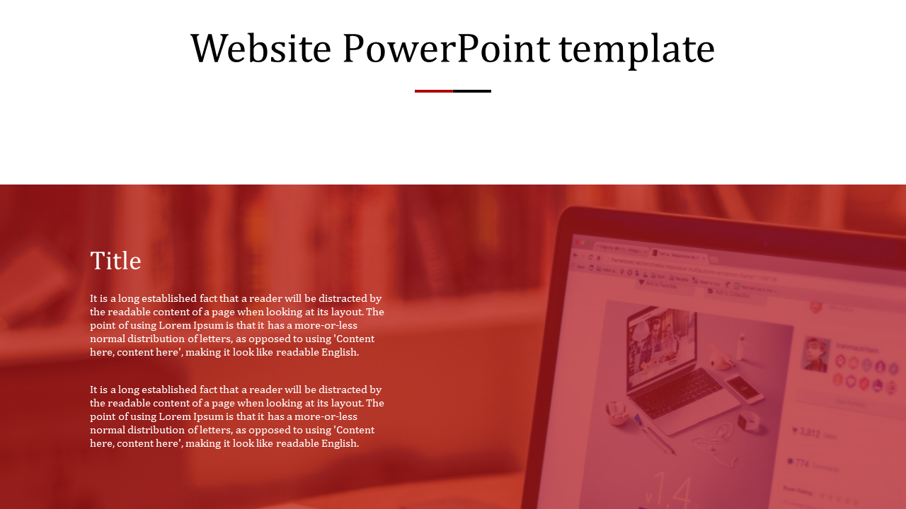 PowerPoint slide showcasing a website design with a blurred background and a laptop image on a red and white theme.