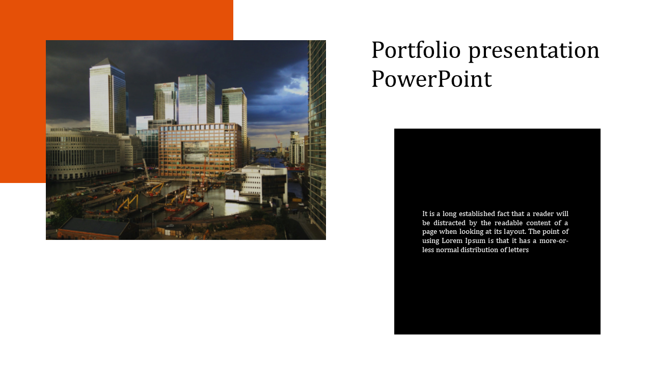 Portfolio slide showing a modern city construction site with an orange corner and a black text box explaining the layout.