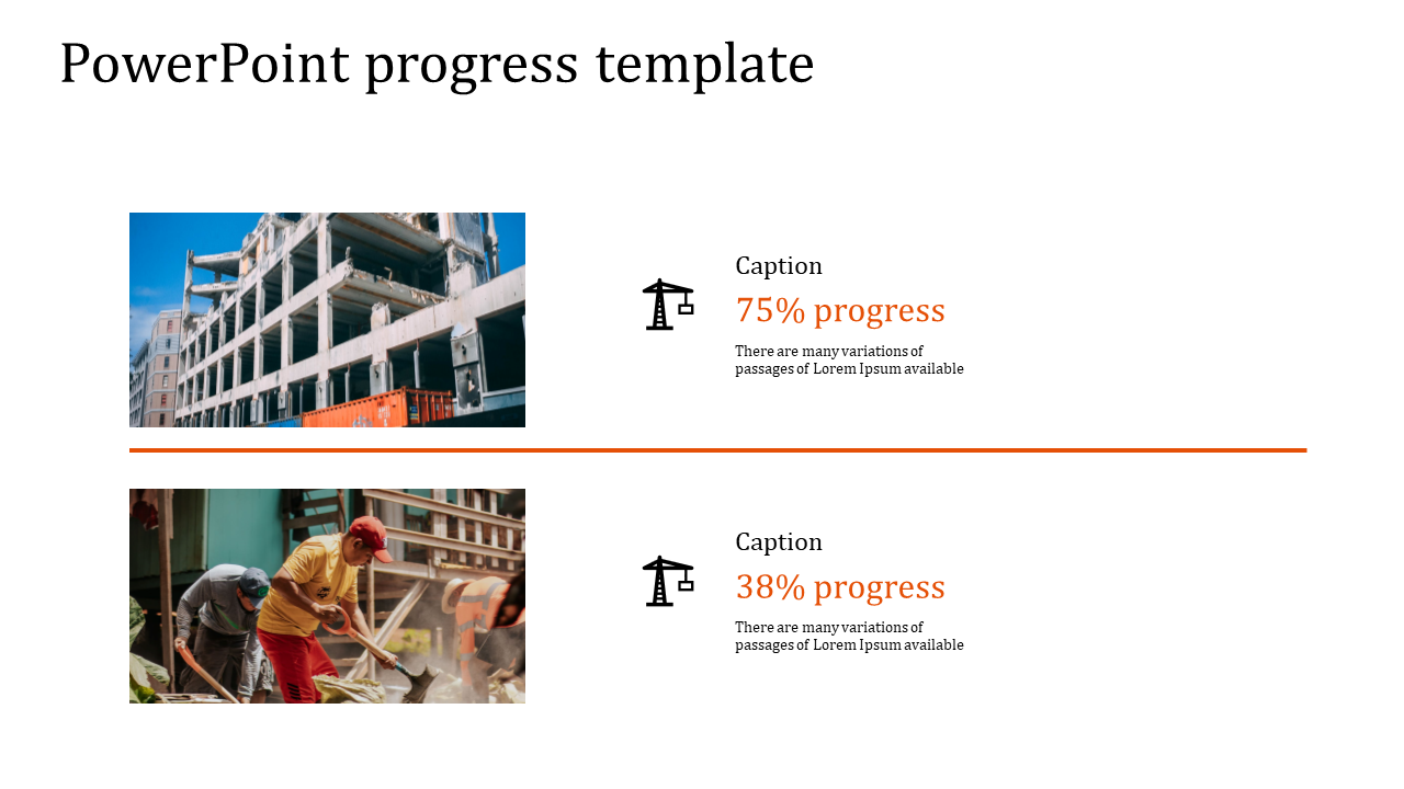 Project status template with two construction site images, progress percentages, and black and orange design elements.