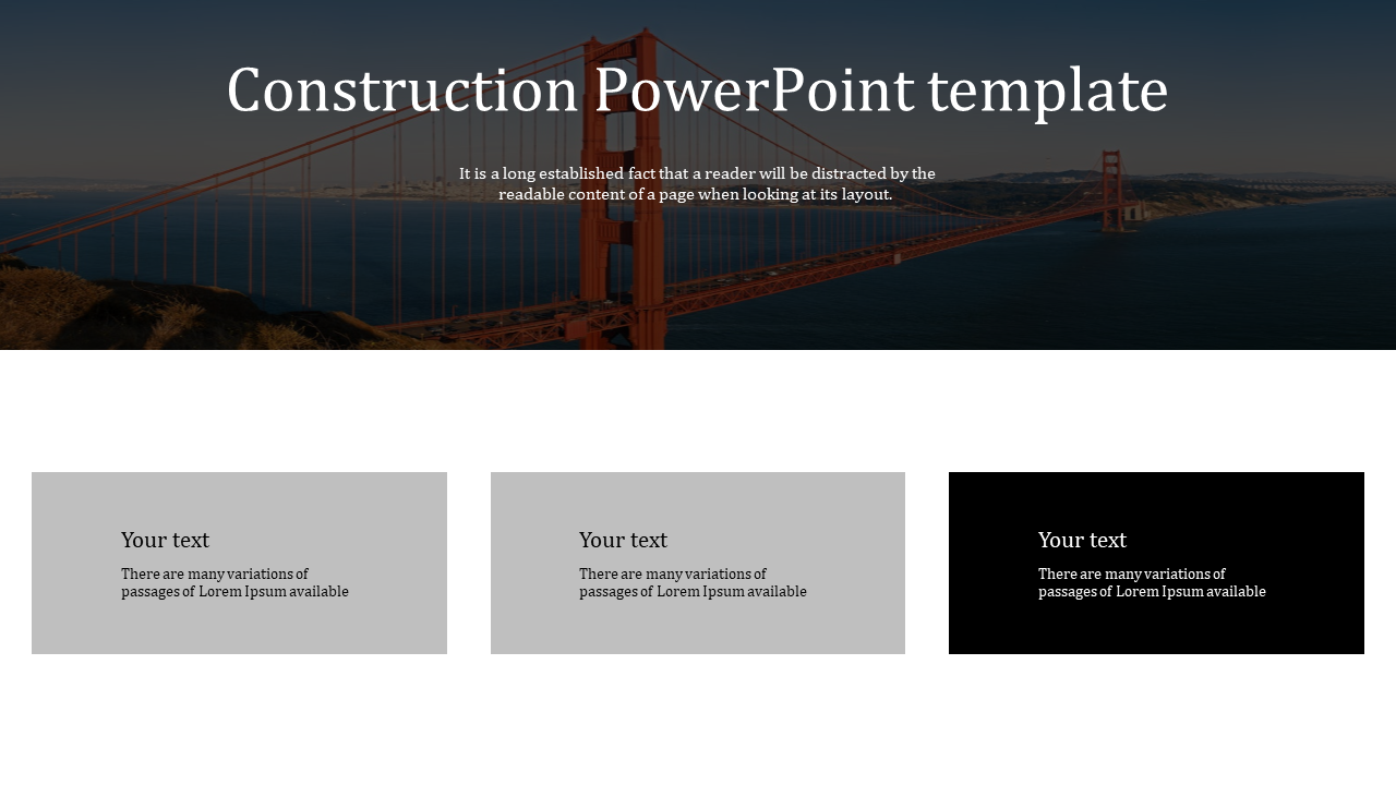 Construction themed template featuring a bridge image with three text boxes below in gray and black tones.