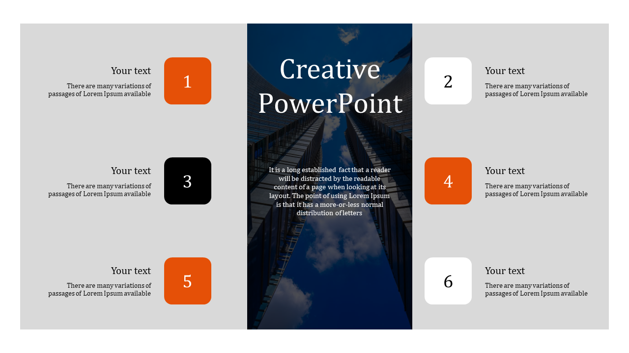 Creative slide with a modern cityscape background and six numbered sections in orange, black and white with text boxes.