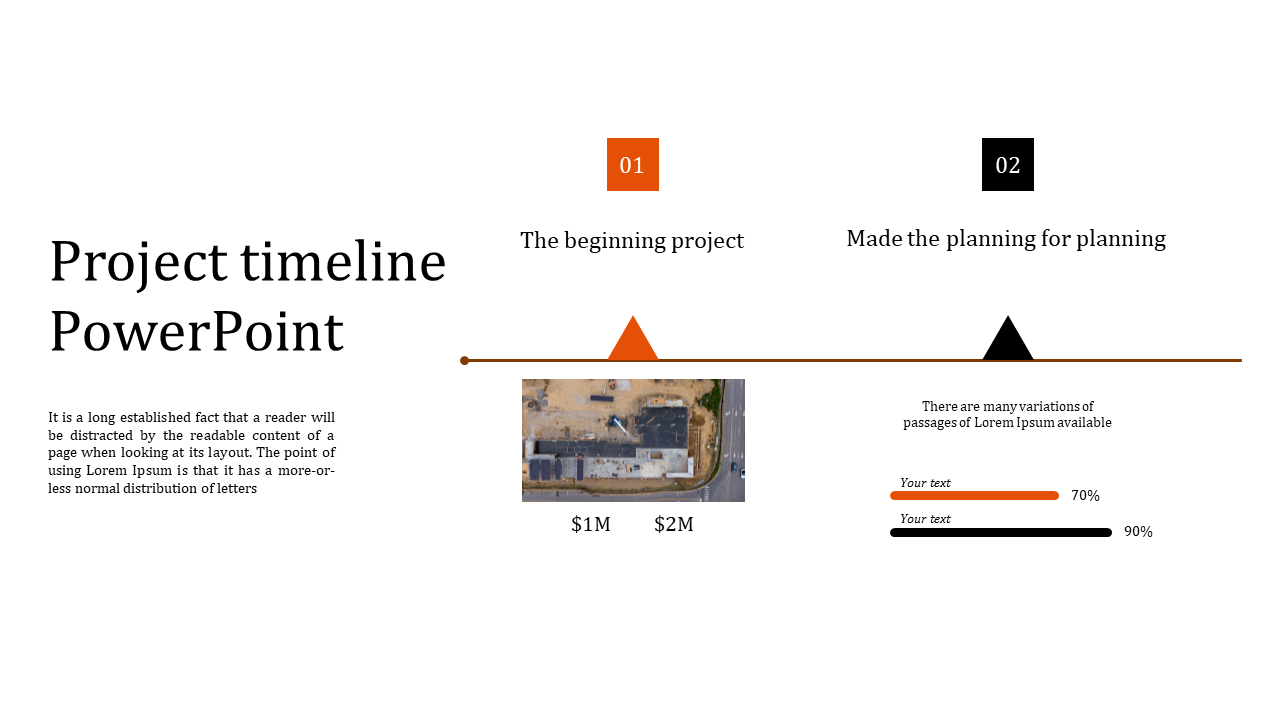 Timeline slide with two project milestones and progress indicators, including an aerial image of a construction site.