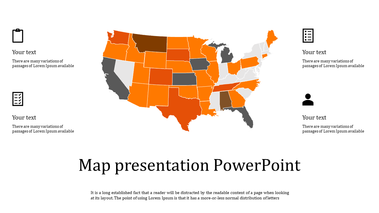Geographic analysis slide featuring a U.S. state map with color zones, paired with four caption areas and black icons.