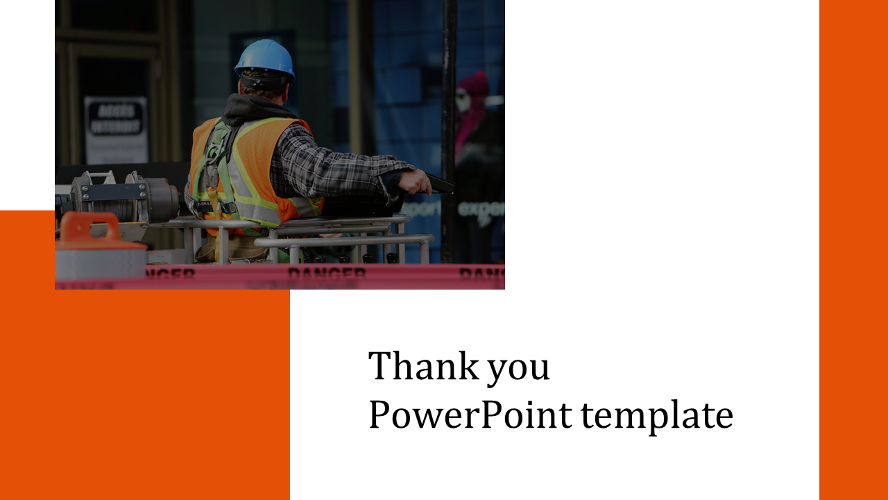 Thank you template with a construction worker in a safety vest and helmet, placed on a white and orange background.