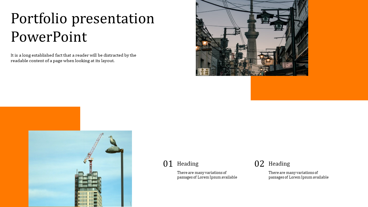 Portfolio slide featuring two urban images, geometric orange accents, and numbered text sections at the bottom.