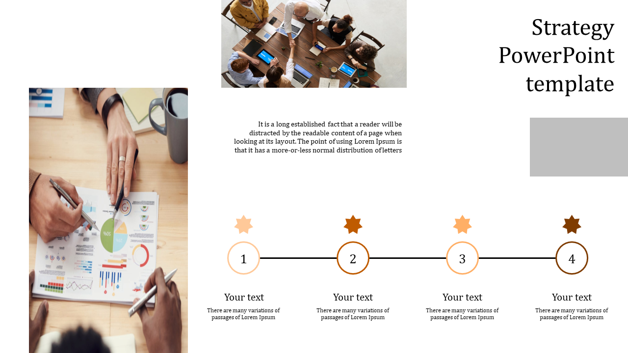 Strategy slide with two images of people working on charts, and a horizontal line with four numbered icons and text boxes.