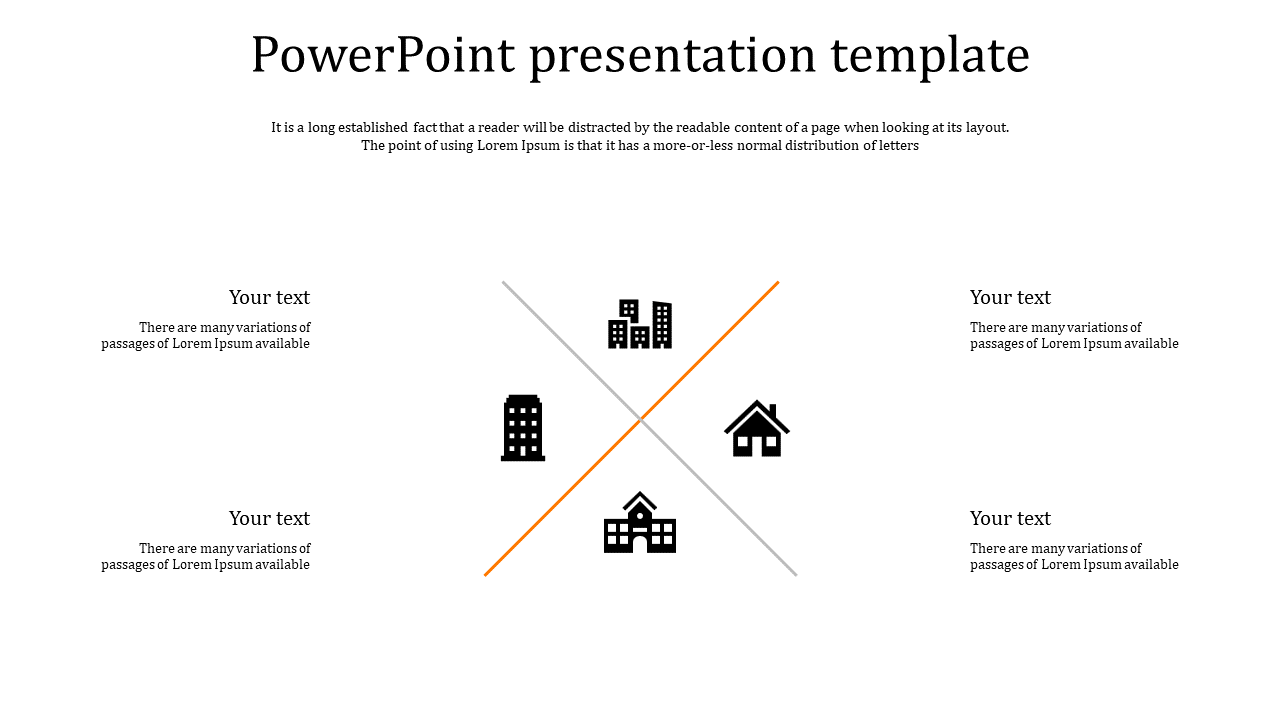 A template with building and house icons split by a diagonal line, surrounded by four text placeholders.