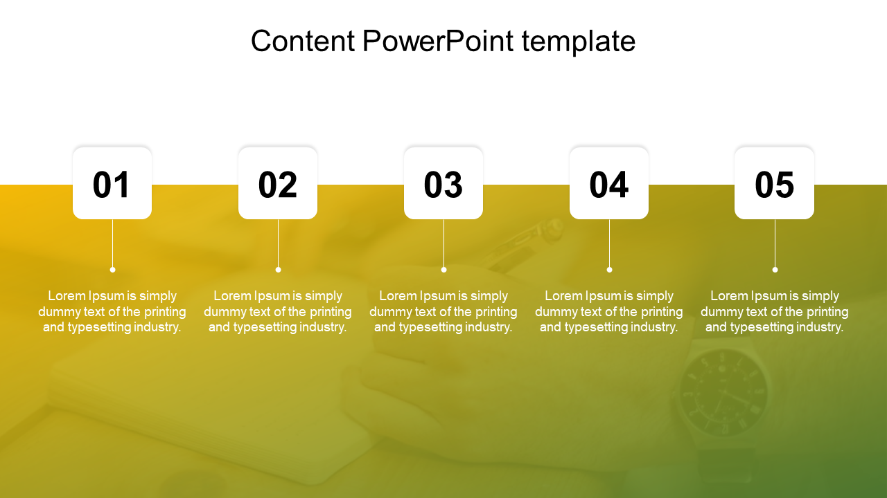 Content PowerPoint template featuring numbered sections with a gradient background and placeholder text.
